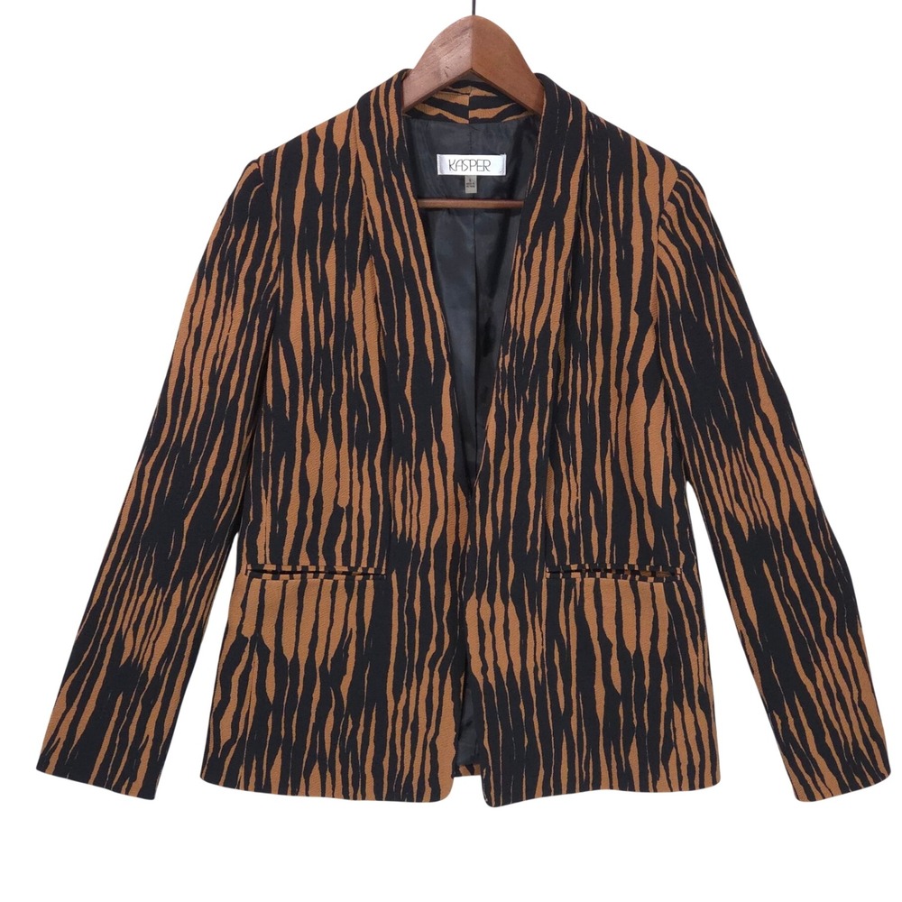 Kasper Animal Print Blazer Womens 6 Brown Black Open Front Mob Wife Office Chic